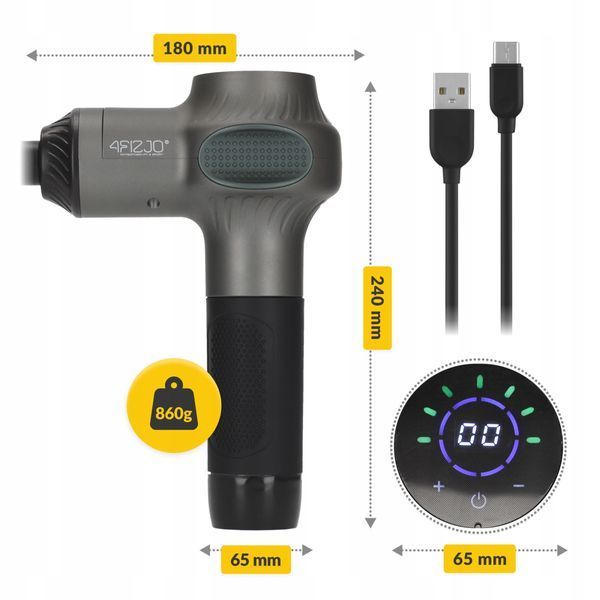 Ручний перкусійний масажер 4FIZJO Massage Gun Active 30 Вт масажний пістолет (P-5907739319937) 4FJ0592 фото
